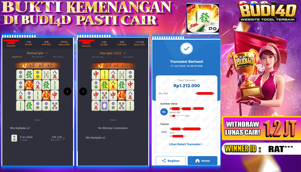 BUDI4D JACKPOT USERID: RAT**** SLOT PGSOFT MAHJONG WAYS Rp.1.212.000,- LUNAS